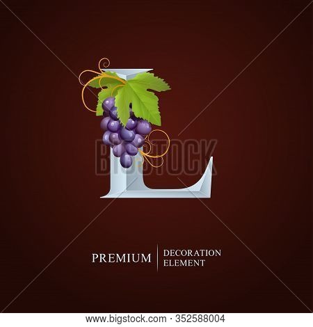 Elegant Wine Logo. Monogram Letter L. Royal Silver Letter L With Grapes, Leaf And Curl. Calligraphic