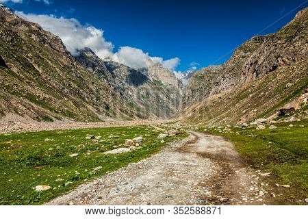 Dirt road in Himalayas. Lahaul valley, Himachal Pradesh, India