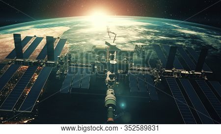 Close up ISS flying over Earth globe atmosphere. International Space Station discovery realistic planet. Sci progress concept. 3d render animation. Elements of this image furnished by NASA