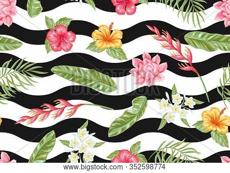 Seamless Pattern With Tropical Flowers And Leaves. Decorative Exotic Foliage, Palms And Plants.