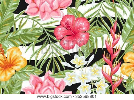 Seamless Pattern With Tropical Flowers And Leaves. Decorative Exotic Foliage, Palms And Plants.