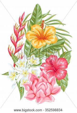 Decorative Element With Tropical Flowers And Leaves. Exotic Foliage, Palms And Plants.