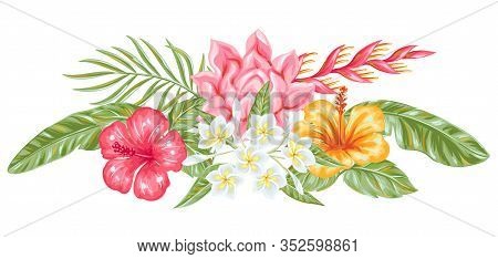Decorative Element With Tropical Flowers And Leaves. Exotic Foliage, Palms And Plants.