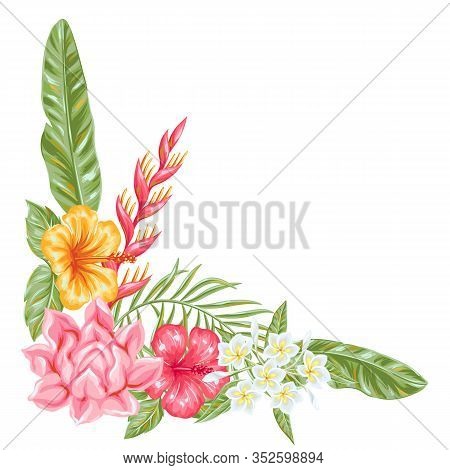 Decorative Element With Tropical Flowers And Leaves. Exotic Foliage, Palms And Plants.
