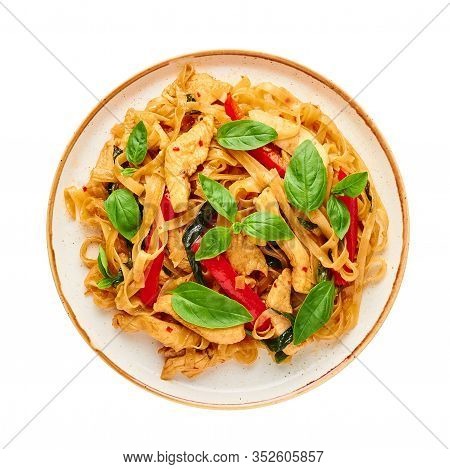 Thai Drunken Noodles Or Pad Kee Mao Isolated On White . Drunken Noodles Is Thai Cuisine Dish With Ri
