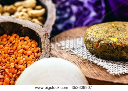 Closeup Of Roasted Vegan Burger, Dessert Or Meatless Snack. Home Made With Vegetables, Chickpeas, So