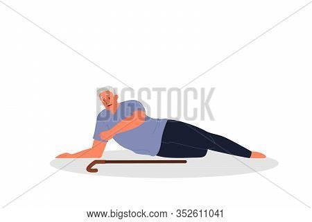 Retired Men Fell Down. Elderly Person With Cane On The Floor.