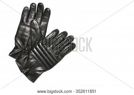 Black Classic Leather Mens Gloves On White Isolated Background Top View. Stylish Fashionable Winter 