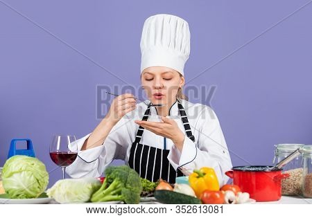 Taste The Taste. Ready To Cook New Dish. Fresh Vegetarian Salad. Chef Cook In Commercial Kitchen. Pr