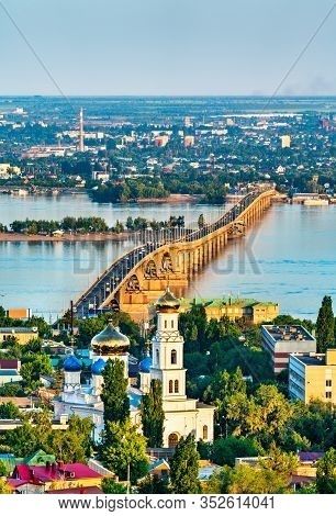 Saratov Bridge Between Saratov And Engels Across The Volga River And The Pentecost Cathedral Of Sara