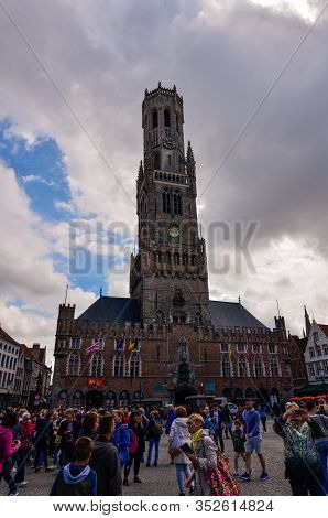Bruges, Flanders, Belgium. August 2019. Markt Squere Is One Of The Most Important.  The Bell Tower O