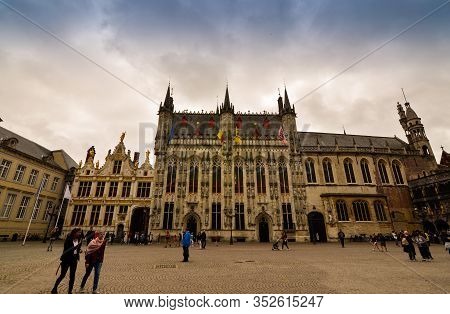 Bruges, Flanders, Belgium. August 2019. Burg Square Is One Of The Most Important. The Splendid Town 