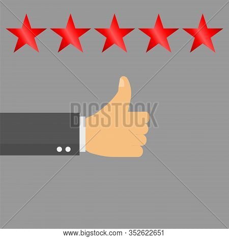 Thumb Up Pointing At Positive Five Star Feedback, Rating, Evaluation, Success, Feedback, Review, Qua