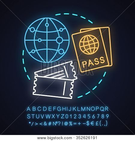 Travel Agency Neon Light Concept Icon. Tourism Idea. Travel Planning. International Passport, Ticket