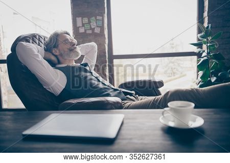 Profile Side View Portrait Of His He Nice Attractive Handsome Confident Tired Gray-haired Gentleman 
