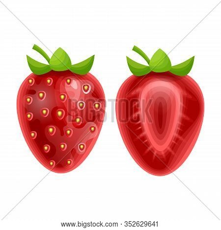 Whole Strawberry And Sliced Half Strawberry. Fresh Red Ripe Mellow Berry In Cartoon Style, Isolated 