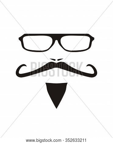 Vector Illustration With Men Face With Long Mustache And Huge, Hipster Glasses. Black American Retro