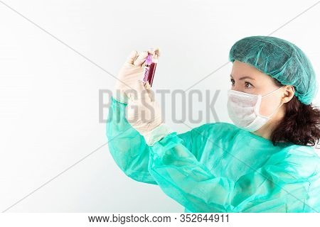 Coronavirus. Positive Test. Female Caucasian Race Nurse Medical Cap, Green Coat, Gloves, Mask White 