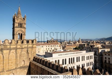 Palermo, Sicily - February 8, 2020: Liceo Classico Vittorio Emanuele Ii University Viewed From The R