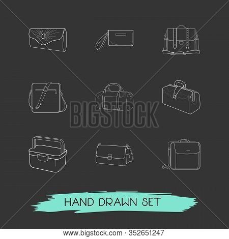 Set Of Bag Types Icons Line Style Symbols With Wristlet Bag, Evening Bag, Safari Bag And Other Icons