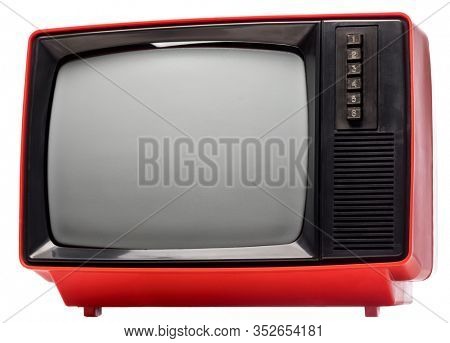 Generic eighties CRT TV receiver isolated on white background. Retro technology concept