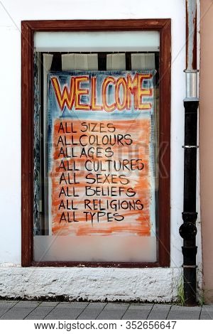Colorful Store Window Welcome Sign To People Of All Types Religions Beliefs Sexes Cultures Ages Colo