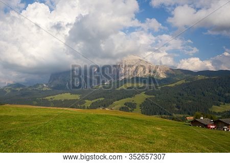 Aerial View With Drone Sassolungo Mountains On The Italian Alps Dolomites