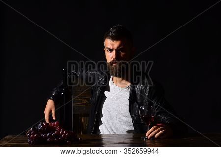 Degustator With Confused Face Sits By Wine Bottle And Grapes