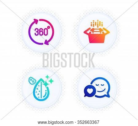 Packing Boxes, 360 Degrees And Dirty Water Icons Simple Set. Button With Halftone Dots. Dating Sign.
