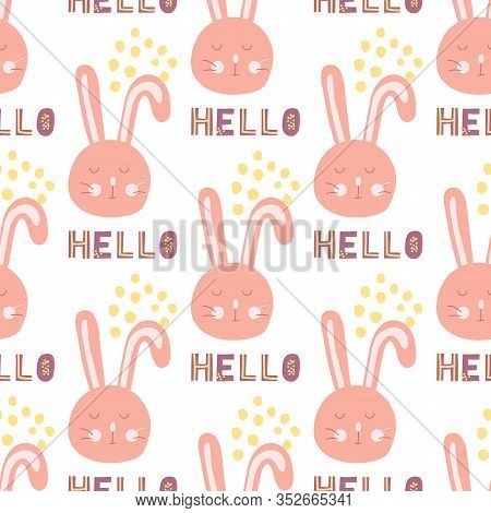 Seamless Pattern With Cute Pink Kawaii Bunny And Lettering Hello On White Background. Vector Illustr