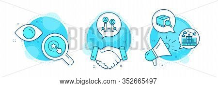 Search Package, Hotel And Loyalty Star Line Icons Set. Handshake Deal, Research And Promotion Comple
