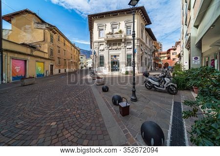 Rovereto, Italy - Feb 20, 2020: Medieval City Street Feb 20, 2020 In Rovereto, Italy. It Is A Landma