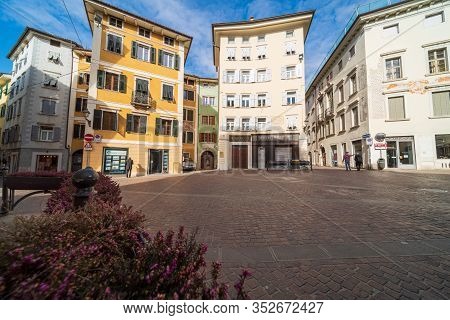 Rovereto, Italy - Feb 20, 2020: Medieval City Street Feb 20, 2020 In Rovereto, Italy. It Is A Landma