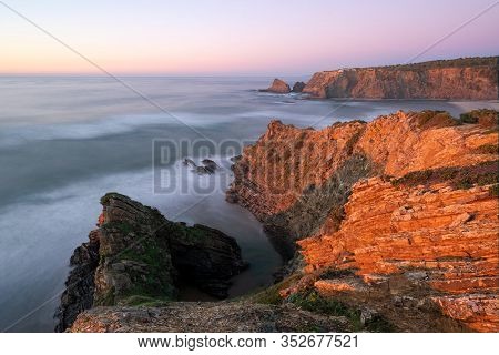 Praia De Odeceixe Beach In Costa Vicentina At Sunset, Portugal