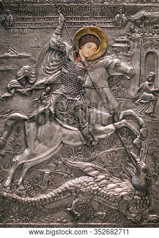 Kalambaka, Greece - March 17, 2018: Ancient Painting With Saint George From Meteora Church, 17-th Ce