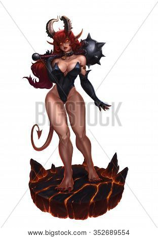 Succubus Sexy In Saber Carnival Box And Gloves Realistic Illustration Isolated. Demon Girl With Mace