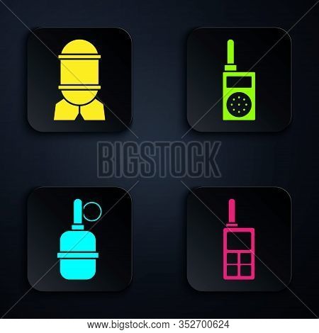 Set Walkie Talkie , Aviation Bomb , Hand Grenade And Walkie Talkie . Black Square Button. Vector
