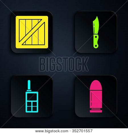 Set Bullet , Military Ammunition Box, Walkie Talkie And Military Knife . Black Square Button. Vector