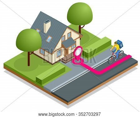 Isometric Bicycle Courier, Express Delivery Service. Courier On Bicycle With Parcel Box On The Back 