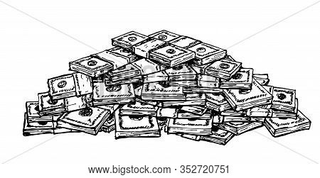Big Pile Of Money American Dollar Bills. Sketch Illustration. Vector Illustration, Heap Of Cash, Pac