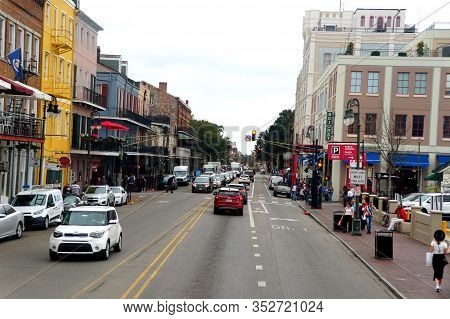 New Orleans, Louisiana, U.s.a - February 7, 2020 -the View Of The Traffic And Buildings On Decatur S