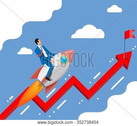 Successful Business Man Flying On Rocket On Graph Going Up To Flag. Businessman On Flying Space Ship