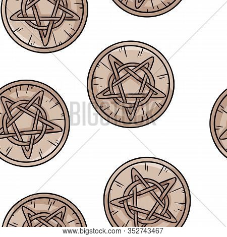 Pentacle Occult Signs Comic Style Doodles Top View Seamless Pattern. Wooden Pentagram Hand Drawn Mag