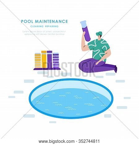 Swimming Pool Maintenance Or Cleaning Service, Young Man In Uniform Clean Swimming Pool And Does Wat