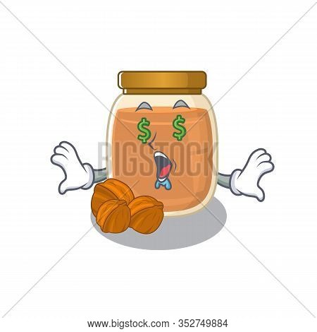 Happy Rich Walnut Butter Cartoon Character With Money Eye