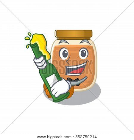Mascot Cartoon Design Of Walnut Butter With Bottle Of Beer