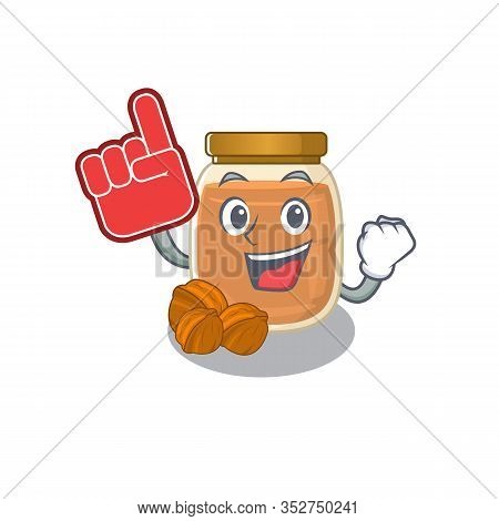 A Picture Of Walnut Butter Mascot Cartoon Design Holding A Foam Finger