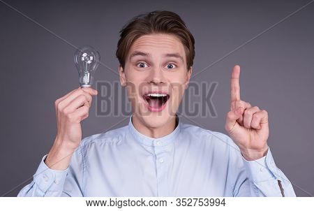 Hurrah Closeup Portrait Excited Cheerful Glad Delightful Handsome Shocked Astonished Surprised Man I
