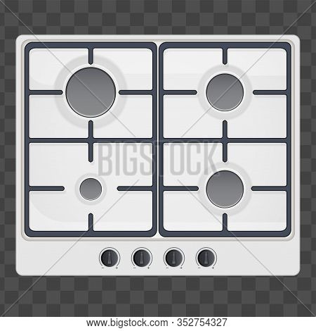 Surface Of Gas Hob. Domestic Kitchen Equipment. White Color. Above View Of Stove. Editable Vector Il