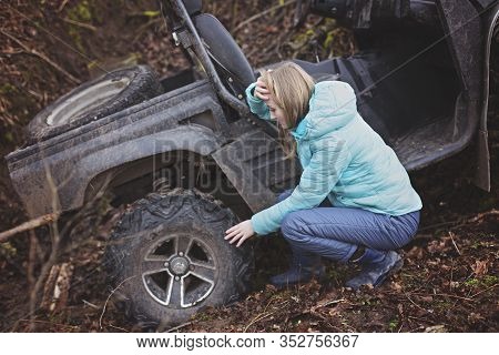 Woman Shocked By An Estremal Ride On Utv. Checks The Status Of A Buggy That Has Rolled Down A Mounta